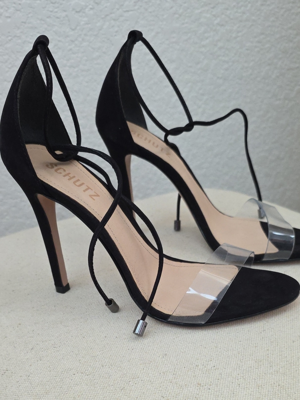 SCHUTZ Black Suede Lace-Up Stiletto Sandals with Clear Toe Strap 7.5 NWOT